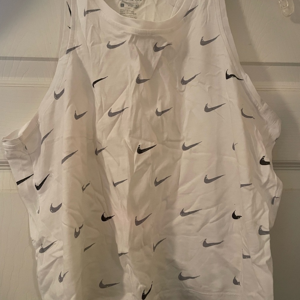 Nike White Tank with Black and Gray Swooshes women’s large crop top